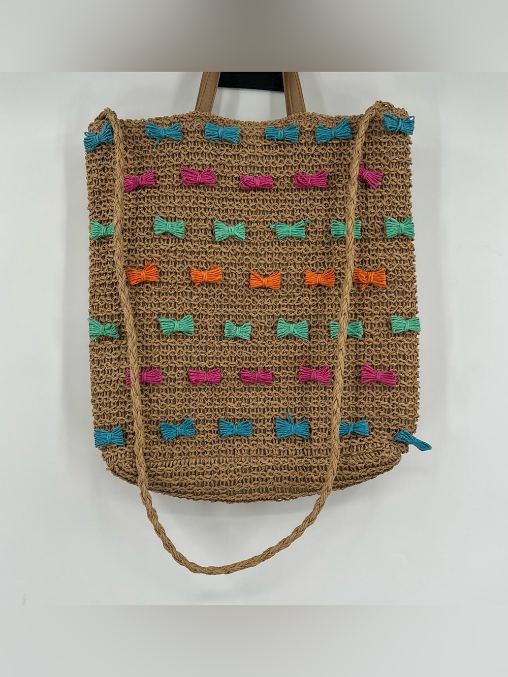 Raffia woven straw colorful Bow Tote Beach Bag euro summer coastal vacation - Picture 5 of 16